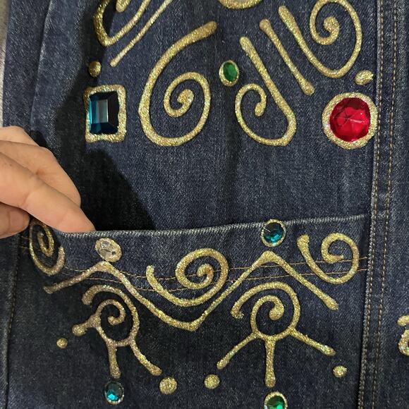 Vtg Embellished Denim Long Duster Jacket Gaudy Bejeweled Coat Women M* Heavy - Picture 10 of 12